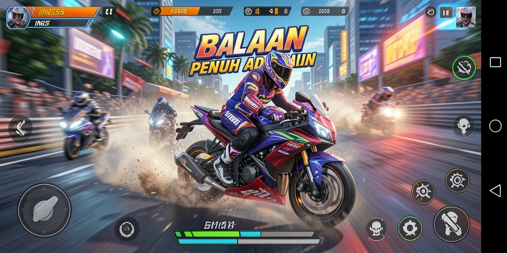 Gameplay INS55 yang mendebarkan dengan balapan motor yang cepat.