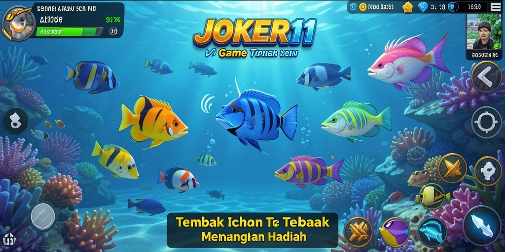 Tampilan gameplay JOKER11 yang menegangkan saat membidik ikan-ikan di laut.