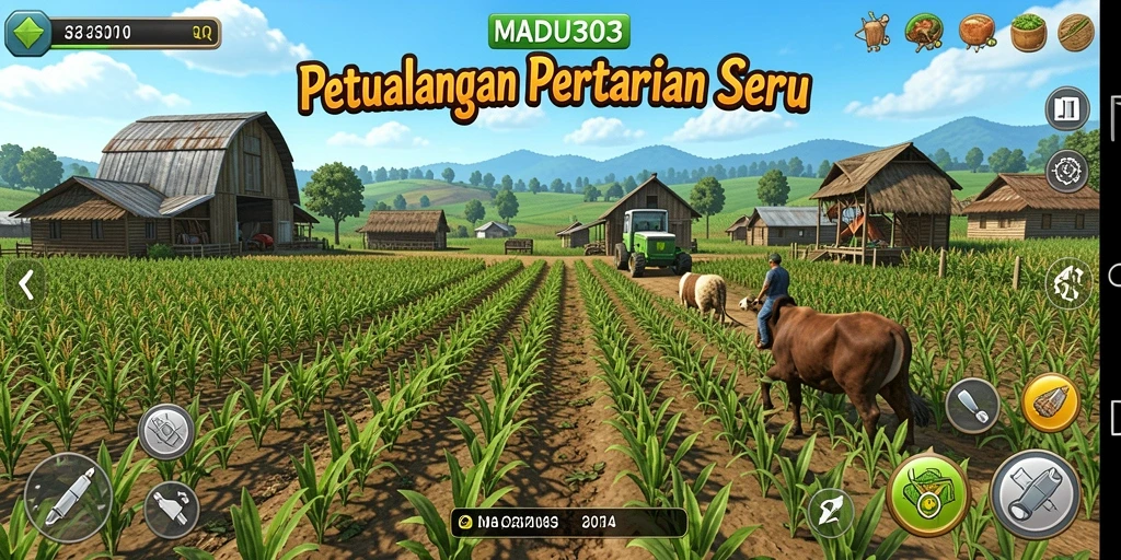 Tangkapan layar gameplay MADU303 menunjukkan lahan pertanian yang subur dan hewan ternak yang lucu.