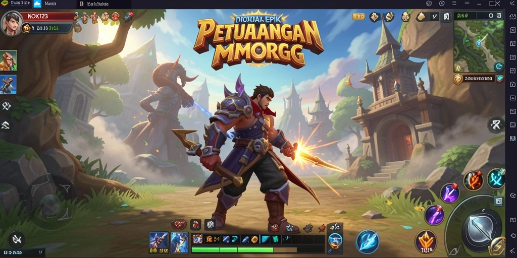 Screenshot gameplay NOX123 menampilkan pertarungan epik di dunia fantasi.