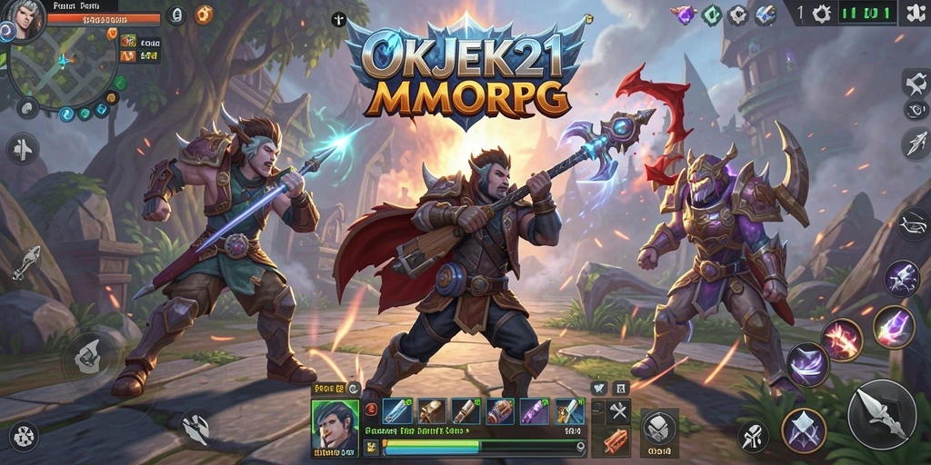 Tangkapan layar permainan OKJEK21 menampilkan aksi seru di dunia MMORPG.