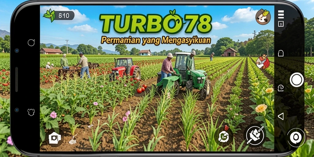 Screenshot utama TURBO78 menampilkan pemandangan pertanian yang indah dan gameplay interaktif.
